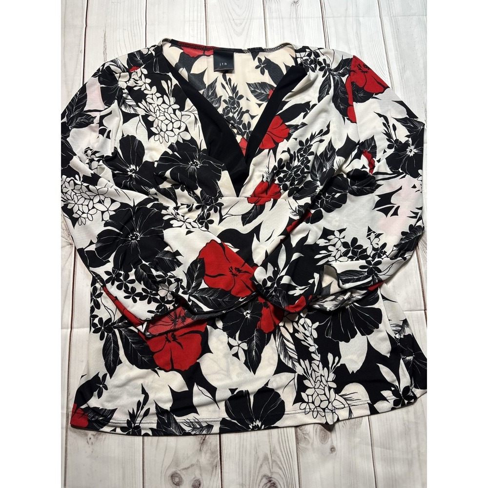 JTB Womens Red Black Floral Wrap Top Flowy Sleeves Size XL Y2K Blouse